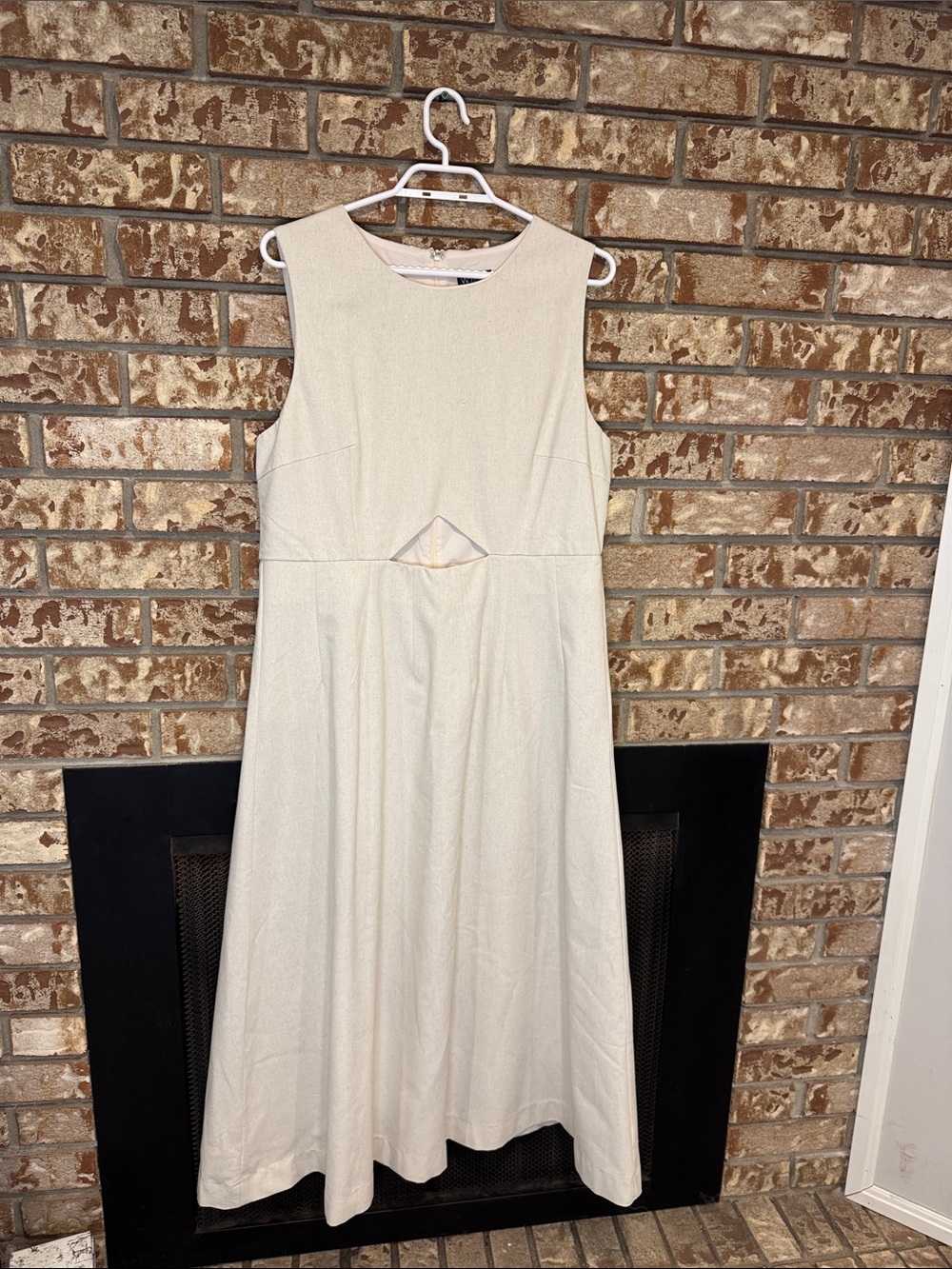 Willa Sleeveless Cream Linen Blend Midi Dress with Front Cutout